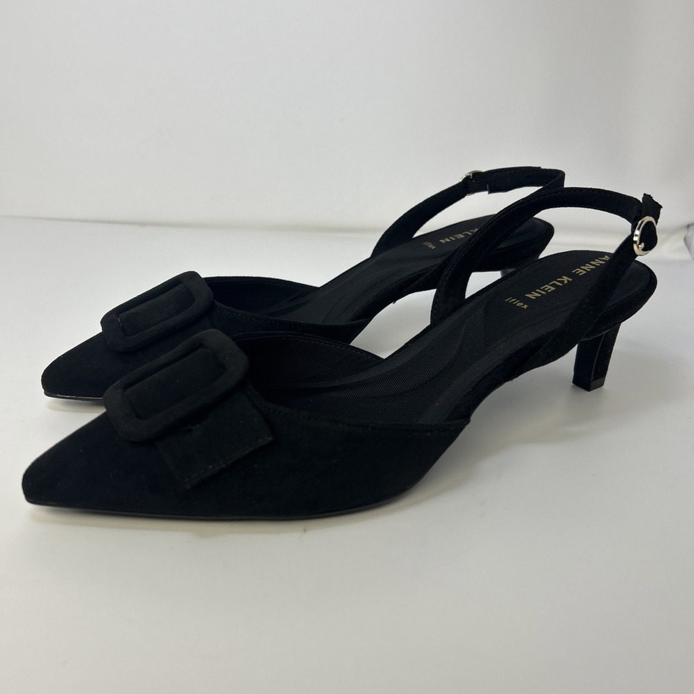 Anne Klein Black Suede Slingback Pointed Toe Heels with Buckle